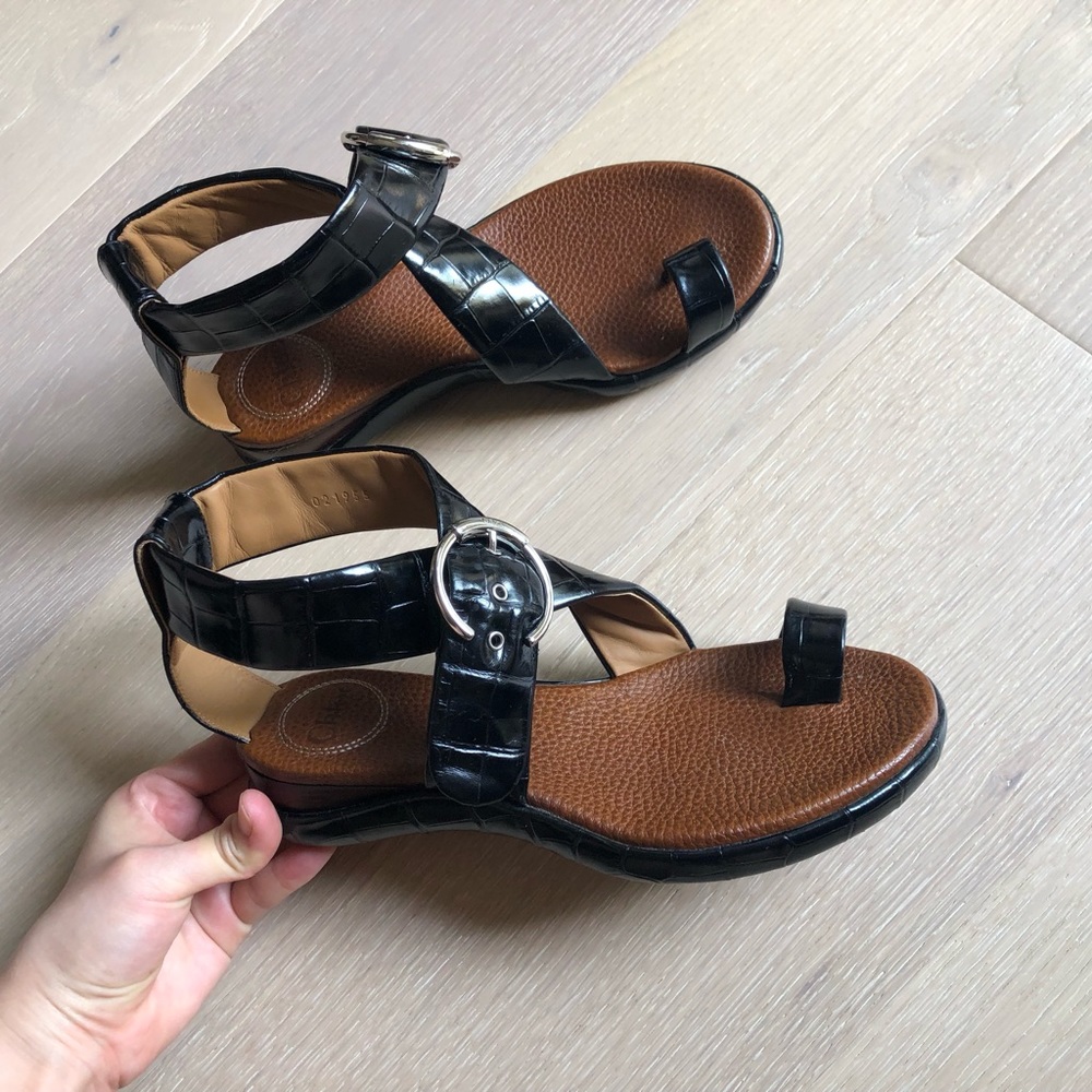 Chloé Leather Croc Embossed Black Brown Sandals - Women’s 6.5